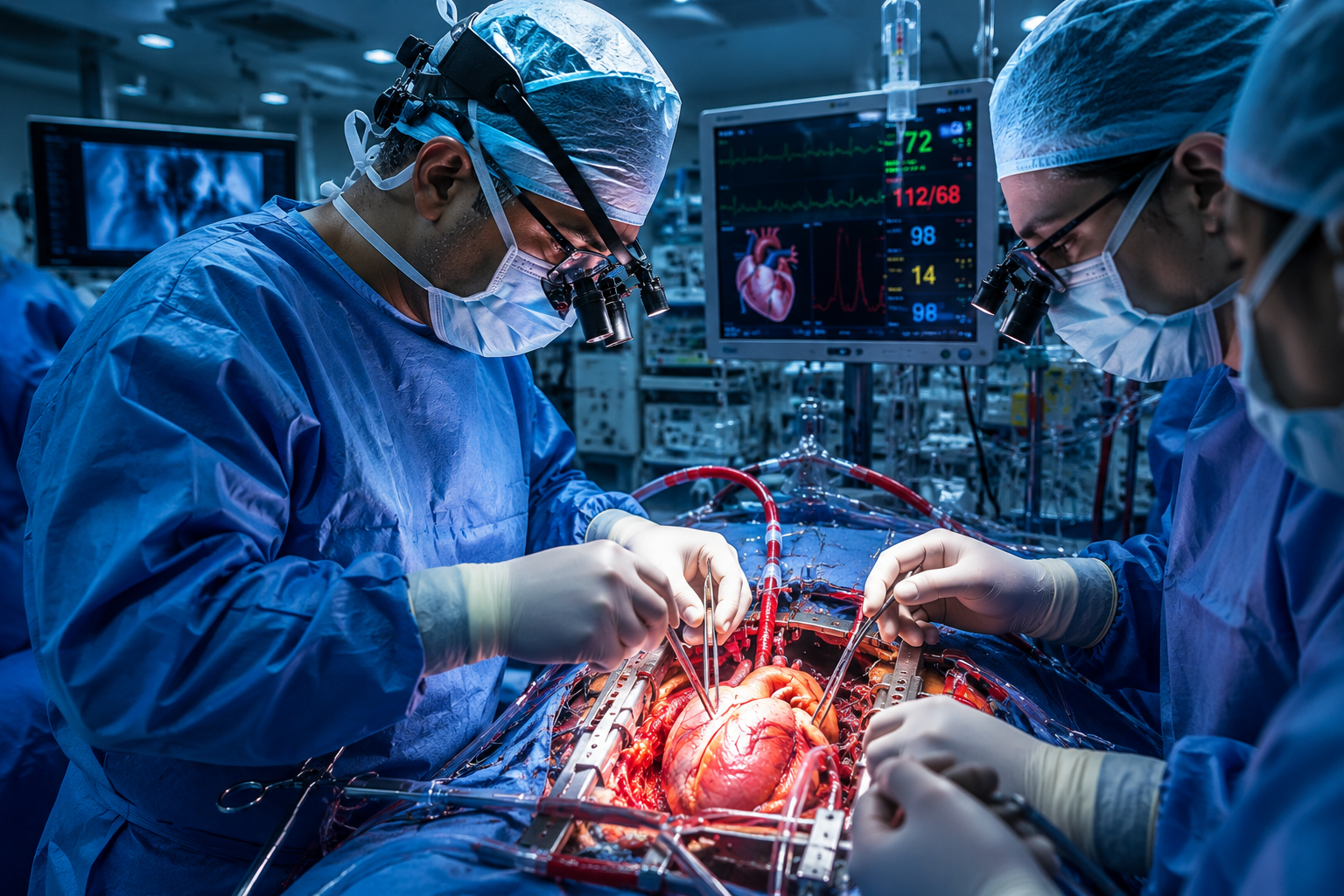 Advanced Coronary Artery Bypass Grafting (CABG) surgery performed in a modern operation theatre