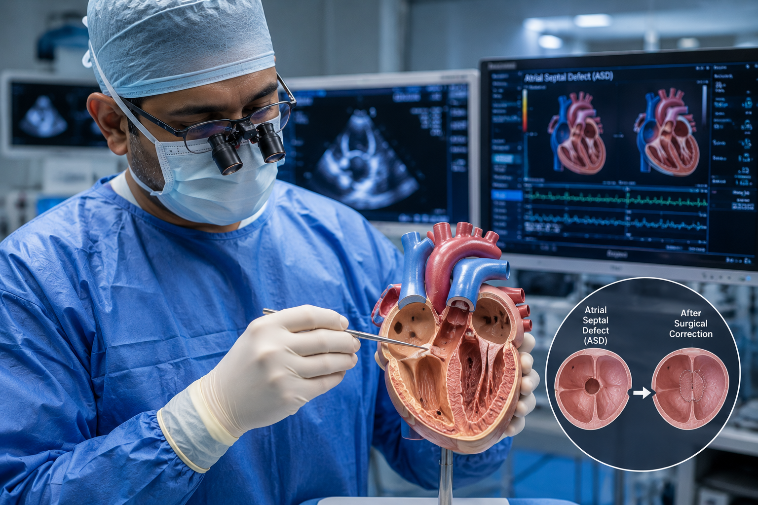 Atrial Septal Defect repair surgery illustration for congenital heart defect treatment